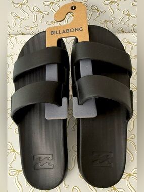 Women’s Billabong BLACK Slide Sandals Double Strap Beige Logo Synthetic US 7